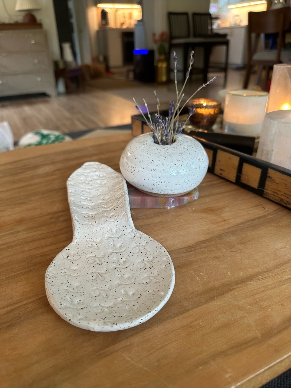 Handcrafted Ceramic Spoon Rest and Bud Vase Set - White Cream Speckled